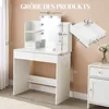 A white vanity table with a mirror and lights, shown with dimensions and a separate drawer. Produktbild-Vorschau
