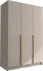 A three-door wardrobe with gold handles against a light gray background. Produktbild-Vorschau