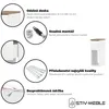 A collage of images highlighting features of a bedside table, including close-ups of its durable surface, assembly parts, and a cleaning cloth. Náhled obrázku produktu