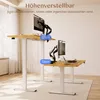 Two height-adjustable desks are shown in a room with a white wall and curtains. Produktbild-Vorschau