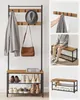 A collage of images showing a coat rack with shoe shelves, a person sitting on a bench, and a close-up of a coat rack. Náhled obrázku produktu