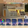 A loft bed with integrated bookshelves and LED lighting, shown with app interface screenshots demonstrating features. Voir les images du produit