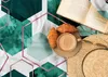 A flat lay of breakfast items and a book on a patterned surface. Podgląd zdjęcia produktu
