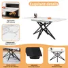 A collage of images showcasing a white marble-look dining table with black metal legs, highlighting its features and design. Produktbild-Vorschau