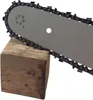 A close-up of a chainsaw bar and chain resting on a wooden block. Produktbild-Vorschau