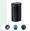 A black sensor trash can is shown with three close-up insets highlighting its features. Náhled obrázku produktu