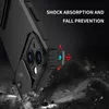 A black iPhone case is shown from a diagonal angle, with graphics illustrating shock absorption and fall prevention. Produktbild-Vorschau