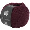 A ball of burgundy yarn with a label. Produktbild-Vorschau