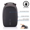 A dark gray anti-theft backpack is shown with feature callouts and a small inset image of hands interacting with the backpack. Produktbild-Vorschau