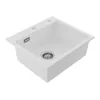 A white kitchen sink with a drain and faucet holes, isolated on a white background. Náhled obrázku produktu