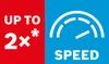 A split image with red on the left and blue on the right. The red side has text that says "UP TO 2x*". The blue side has a speedometer icon and the word "SPEED". Náhľad obrázku produktu