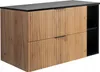 A product shot of a bathroom cabinet with a wood-grain finish and black top and shelves. Náhled obrázku produktu