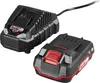 A black battery charger and a black battery pack with red accents are shown on a white background. Produktbild-Vorschau