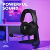 A black gaming headset with a microphone is displayed on a black stand against a purple and blue gradient background. Produktbild-Vorschau