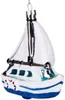 A glass ornament shaped like a white sailboat with blue stripes. Voir les images du produit