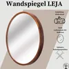 A round mirror with a wooden frame is shown, with text and icons highlighting its features. Produktbild-Vorschau