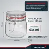 A clear glass jar with a red seal and silver wire bail closure, with product specifications and marketing text overlaid. Produktbild-Vorschau