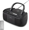 A black Medion stereoradio with a CD player, cassette deck, and remote control is shown against a white background. Produktbild-Vorschau