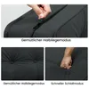 A collage of images showing a dark grey sofa/chair in different modes and close-ups of its texture and features. Produktbild-Vorschau