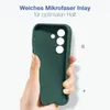 A hand holding a dark green phone case against a white background. Produktbild-Vorschau
