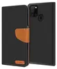 A black flip case for a Samsung Galaxy A21s phone, with a brown leather strap and a small brown logo on the front. Náhľad obrázku produktu