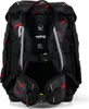 The back view of a black backpack with red and gray geometric patterns. Produktbild-Vorschau