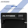 A close-up of a black fitness tracker with a digital display, set against a white and light blue background with marketing text. Produktbild-Vorschau
