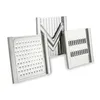 Three stainless steel mandoline slicer attachments are arranged in a V-shape on a white background. Produktbild-Vorschau