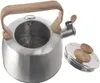 A stainless steel teapot with wooden accents, including the handle and lid knob. The lid is shown separately from the teapot. Voir les images du produit