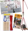 A collage of images showing a pulley system kit, instructions, and a demonstration of its use. Náhľad obrázku produktu