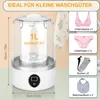 A portable mini washing machine with various small clothing items shown as examples of what it can wash. Produktbild-Vorschau