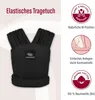 A black elastic baby wrap carrier is shown with marketing text and icons on the right side. Produktbild-Vorschau
