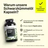 A bottle of black cumin seed oil capsules is shown next to a list of its benefits and features, with a yellow banner in the top right corner. Anteprima dell’immagine prodotto