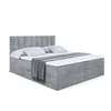 A studio shot of a gray upholstered bed with a headboard, mattress, and topper, against a white background. Produktbild-Vorschau