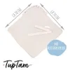 A baby swaddle blanket is shown diagonally on a white background with measurement lines and text overlays indicating size and closure type. Produktbild-Vorschau