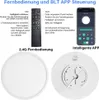 A collage of images showing a remote control, a smartphone app interface, and the back and front of a ceiling light fixture, with German text explaining features. Anteprima dell’immagine prodotto