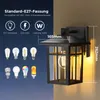 A black outdoor wall light fixture is shown with various light bulbs displayed on a dark blue background. Dimensions are indicated on the fixture. Produktbild-Vorschau