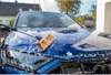 A blue car is being washed with a brush on its hood. Podgląd zdjęcia produktu