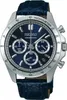 A close-up studio shot of a Seiko chronograph watch with a blue dial and a blue leather strap. Podgląd zdjęcia produktu