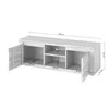 A 3D rendering of a wooden TV stand with dimensions indicated. Produktbild-Vorschau