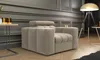 A beige armchair is placed in a room with gray walls and wooden flooring. Produktbild-Vorschau