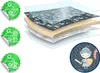 A layered diagram showing the construction of a foam mat, with decorative stickers on the left and a circular inset image of a knight on the right. Podgląd zdjęcia produktu