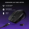 A black wireless gaming mouse is shown with its connection options highlighted. Produktbild-Vorschau