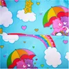 A close-up view of a fabric pattern featuring Care Bears characters, clouds, hearts, and a rainbow. Produktbild-Vorschau