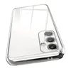 A clear silicone phone case is shown from a diagonal back view, highlighting the camera module. Produktbild-Vorschau