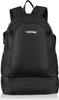 A black backpack is shown from the front against a white background. Produktbild-Vorschau