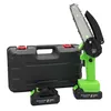 A green and black mini chainsaw with a black carrying case and a spare battery, displayed on a white background. Produktbild-Vorschau