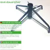 A black metal Christmas tree stand is shown with text overlays in German, English, and French describing its features. Produktbild-Vorschau