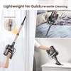A collage showing a cordless vacuum cleaner in different use cases, including cleaning near a window, on a bed, and on a table. Produktbild-Vorschau