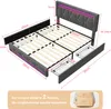 A diagram of a bed with dimensions and storage drawers, along with a graphic indicating shipping in two packages. Produktbild-Vorschau